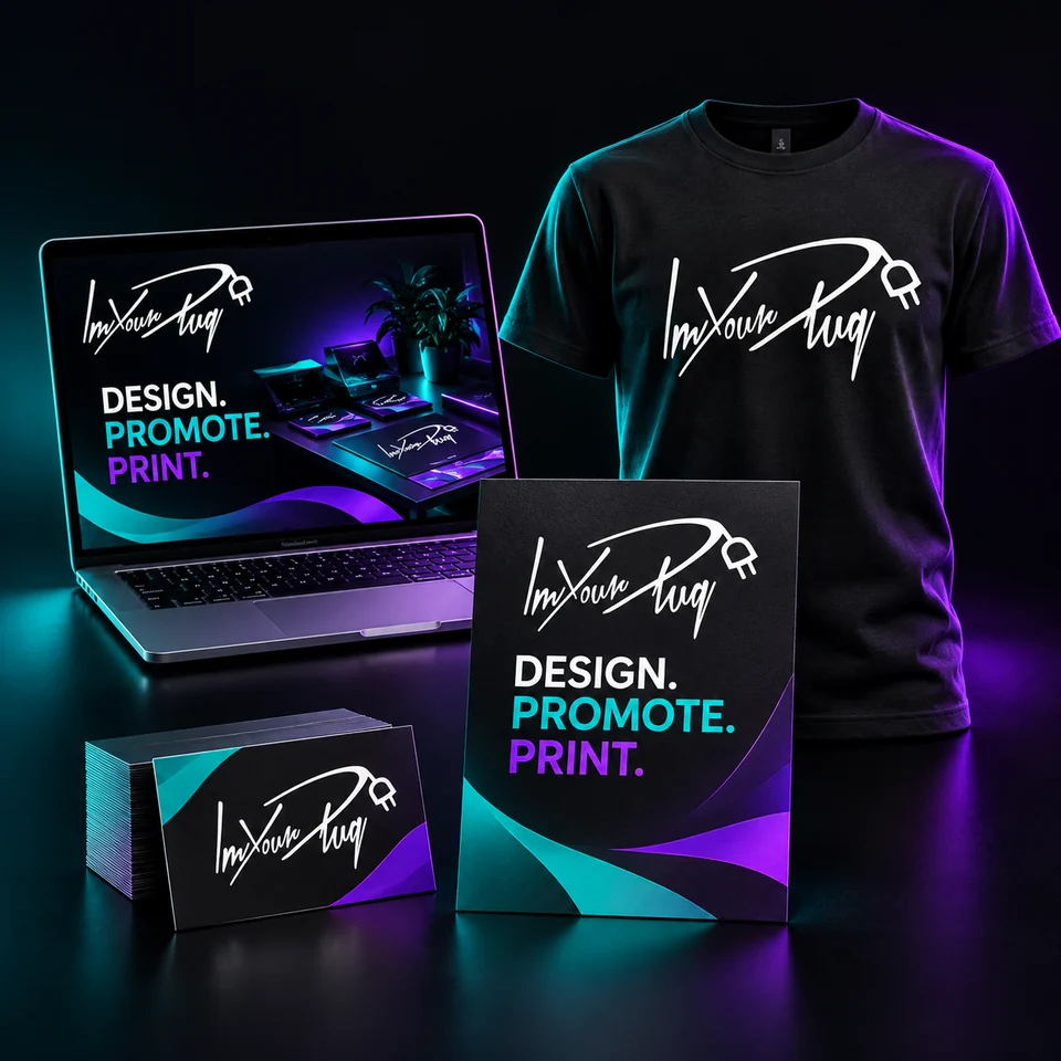 I'm Your Plug brand showcase with a website, custom shirt, business cards, and promotional flyer