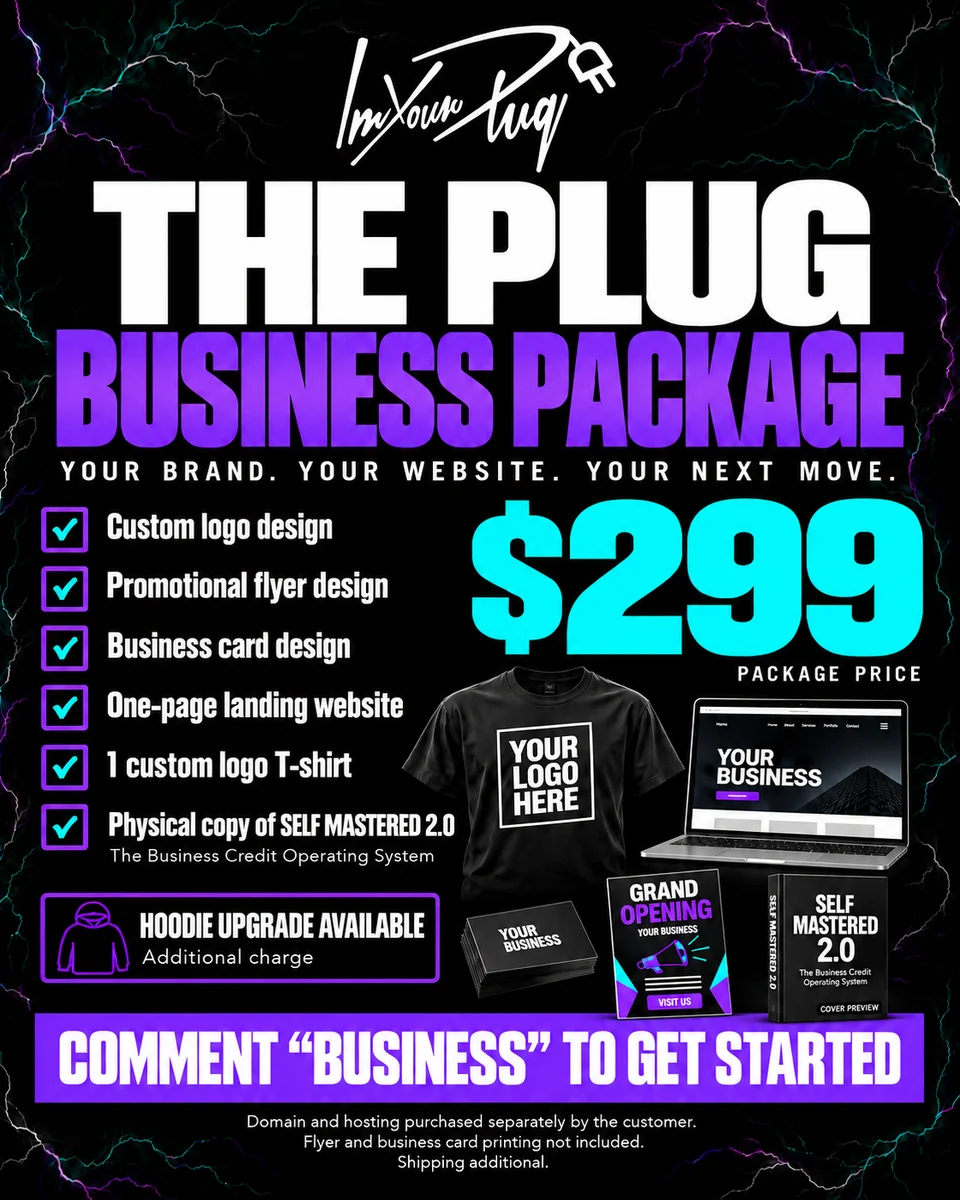 Plug Business Package promotional artwork showing the coordinated design, website, apparel, and book bundle