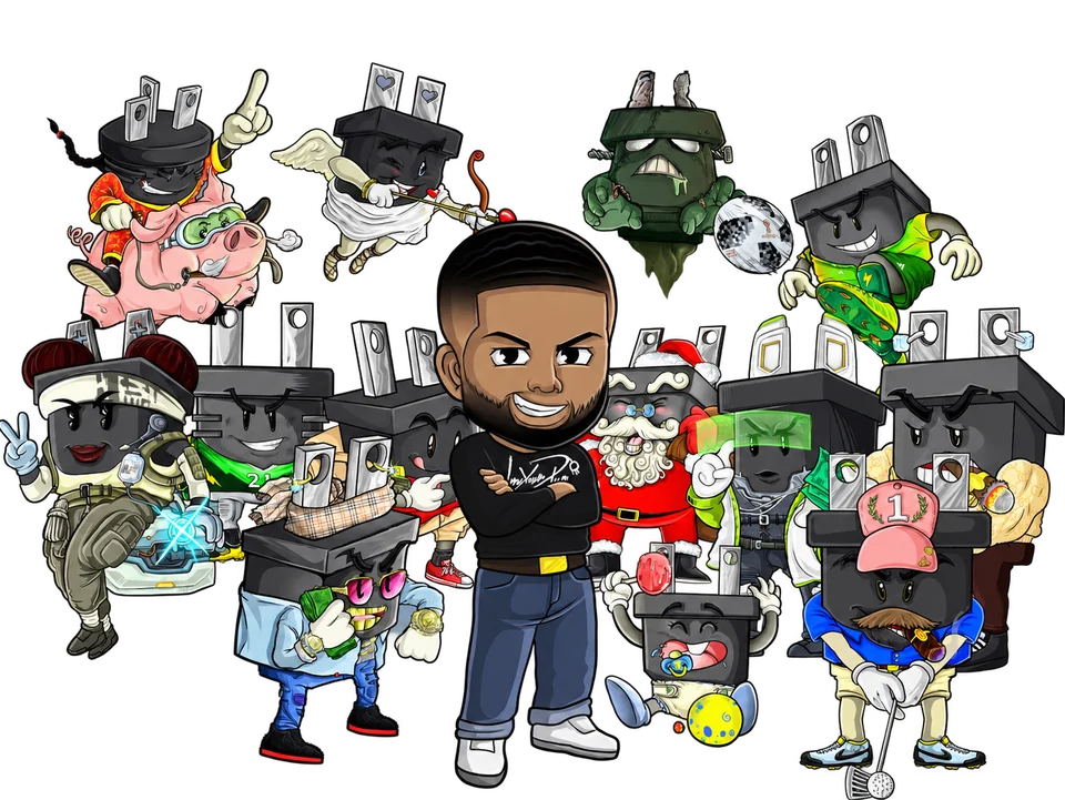 The I’m Your Plug founder illustration surrounded by the plug mascot family